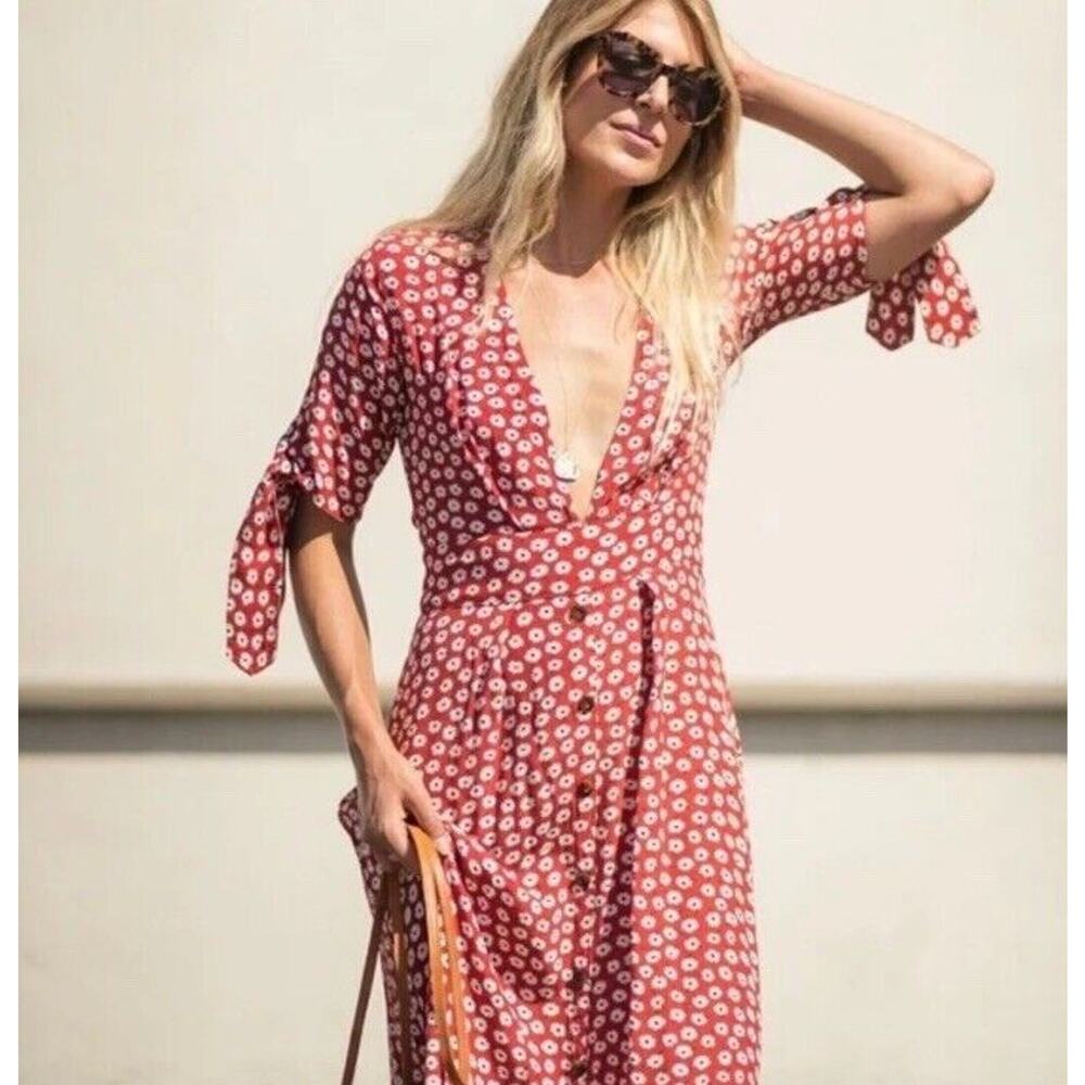 Faithful The Brand Nina Floral Midi Dress Womens 2 XS In Red V-neck FLAW